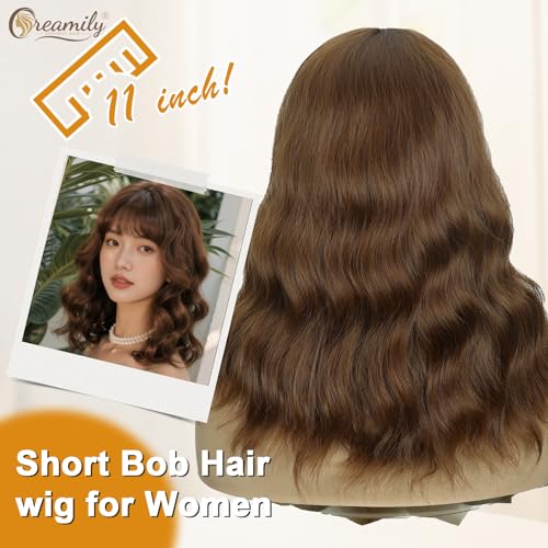 Image of Creamily Short Bob Wavy Hair Wig for Woman Full Head Natural 14 Inches Loose Curly Chestnut Brown Shoulder Length Synthetic Wigs with Bangs