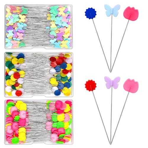 Fteven 300PCS Flat Head Straight Pins Kits Head Sewing Pins Quilting Pins Flower Head Sewing Pins for Fabric with Storage Boxes for Sewing DIY Projects Dressmaker Decoration