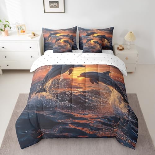 7 Piece Dolphin Bed in a Bag Full Size Ocean Animal Sheet Set for Boys Girls Cute Sea Animal Bedding Set with Comforter, Lovely Dolphin Cushion Covers Marine Animal Dolphin Fitted Sheet