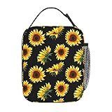 YETTA YANG Sunflower Flower Floral Black Portable Lunch Bag Insulated Lunch Box Reusable Totes For W