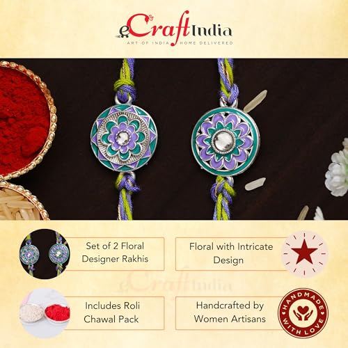 Image of eCraftIndia Multicolor Set of 2 Om Symbol and Peacock Designer Religious Rakhis with Roli Chawal Pack