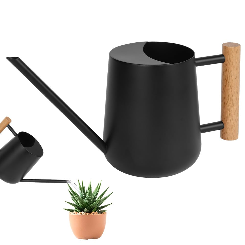 OFFCUP 35oz 1L Regadera Pequeña, Regadera de Acero Inoxidable para Jardín, Regadera con Caño Largo y Cómodo Mango de Madera, Regadera para Plantas, para Vivienda Exteriores Interior (Negro)