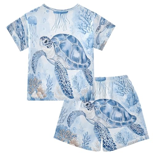 ALAZA Turtle Jellyfish Coral Reef Watercolor Pajamas Set Short Sleeve Cotton Sleepwear Summer Pjs 2 Piece 5-14Y2