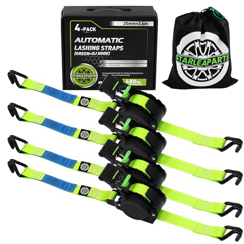 StarLeaparts 4 Stück Automatik Spanngurt mit J Haken, Automatischer Spanngurtaufroller 3,6 m x 25mm, 340KG/680KG, Einziehbare Spanngurte mit Ratsche für Motorrad, Kajak und LKW, Grün