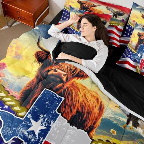 Image of Highland Cow Full Size Bed Sheets and Comforter Set American Flag Western 7-Piece Bedding Set Cowboys Gifts for Men Texas Star Bed in a Bag,Longhorn Bull Cattle Eagle Bed Sets,Red Blue Farmhouse Decor