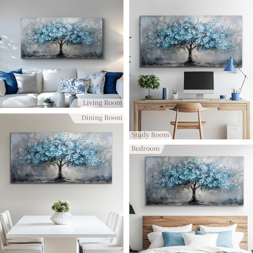 crmotu Tree of Life Large Wall Art for Living Room, Cherry Blossom Abstract Canvas Art Prints, Blue Flowers Tree Pictures Wall Decor, Nature Plant Modern Bedroom Bathroom Office Decor 24"X48"