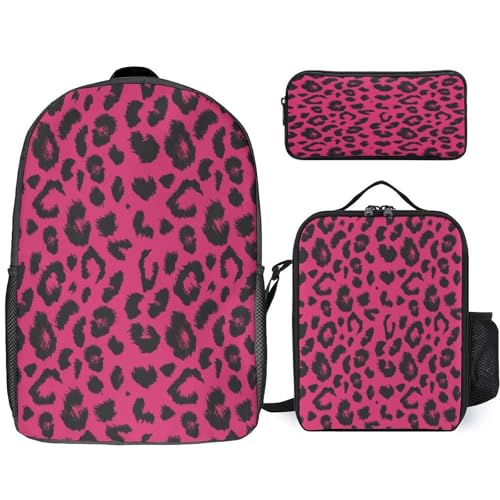 Pink Leopard Pattern Backpack Set 3 Pieces Backpacks Lunch Bag Wallet For Travel Outdoor Sports
