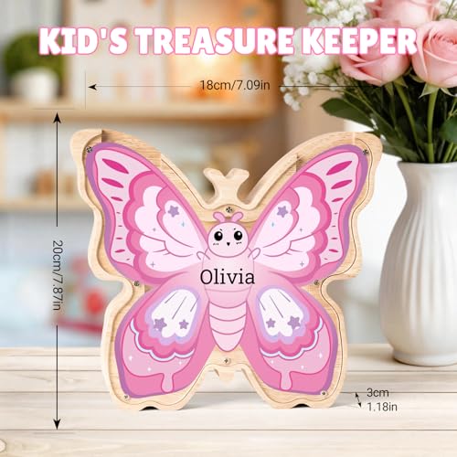 Image of Wooden Pink Butterfly Piggy Banks for Kids | Custom Wooden Pink Butterfly Coin Bank with Name, Money Jar, Educational Toy, Easter & Birthday Gift for Boys Girls