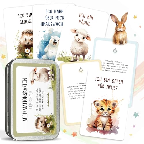 BIROYAL 48 Affirmationskarten Kinder Achtsamkeitskarten Kinder inkl. Metallbox Motivationskarten für Gefühle Selbstliebe Mut und Dankbarkeit