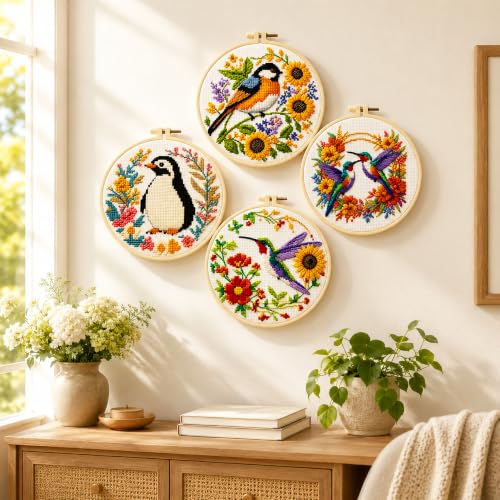 Image of Zhenqing 4 Pack Bird Cross Stitch Kit for Adults & Beginners, 11CT Stamped Cross Stitch Set with Hoop, Hummingbird, Penguin & Songbird Designs, DIY Embroidery Kit Home Decor Gift(70361)
