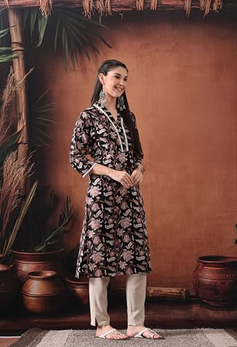Image of Ichaa Women's Pure Cotton A-Line Ethnic V-Neck Kurta with 3 /4th Sleeve for Daily and Office Wear, in Plus Sizes
