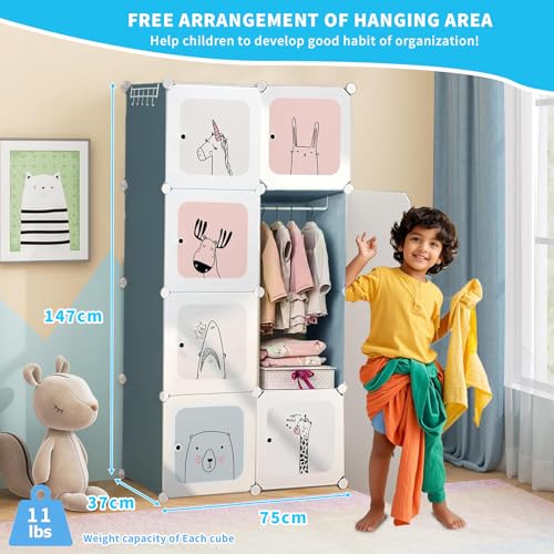 Image of CoolLeaf Plastic Wardrobe for Kids, Cupboard for Bedroom with 8-Cubes Sheets and Hanging Rail, Almirah Plastic for Baby Clothes /Toys /Books, Blue Cartoon