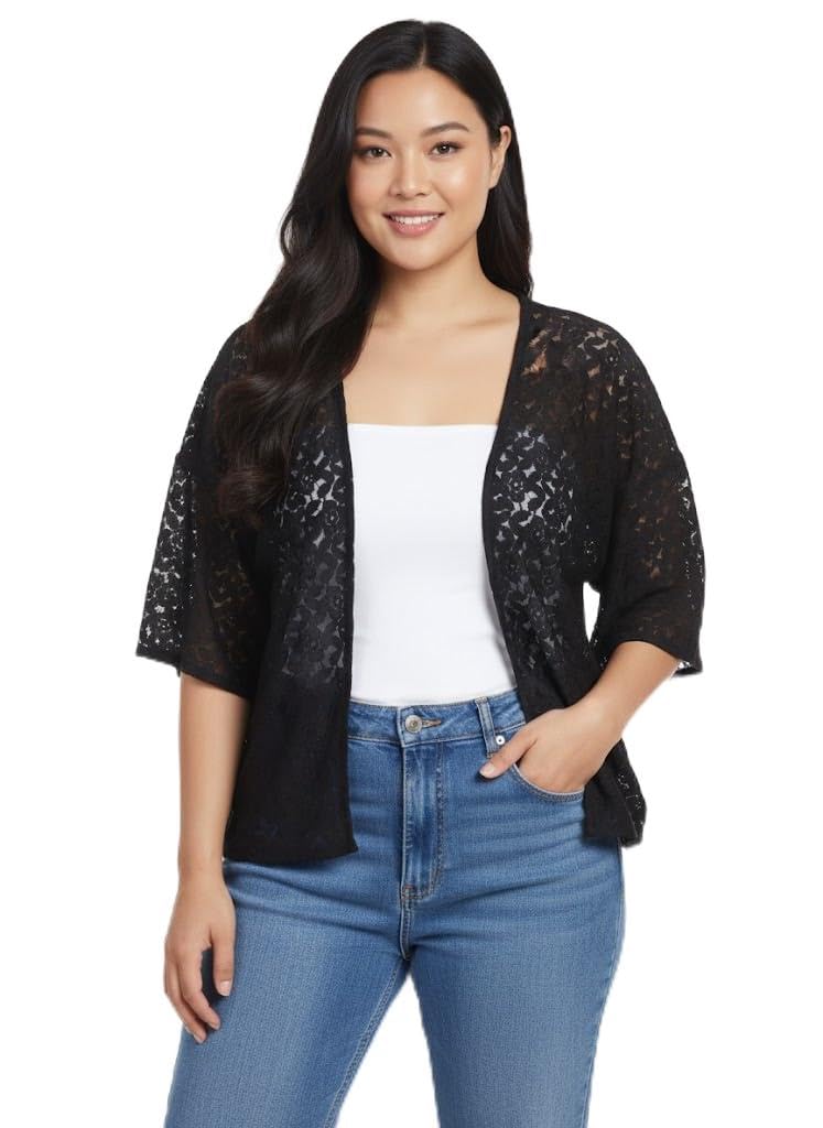 MH Black color Women's Net Open Neck Shrug, Self Design Floral Lace Regular Open Front Shrug-picture-16