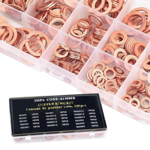 Image of 200 PCS Automotive Copper Gaskets, High Temperature Resistant Flat Washer Combination Kit, Oil Pan Plug Sealing Gasket, Universal for Most Cars (Gold)