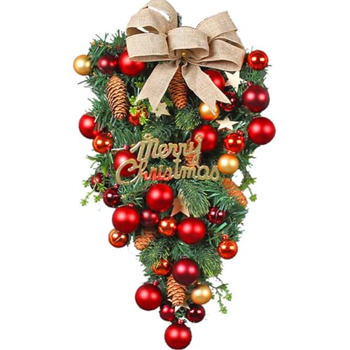Couronne de Noël larme抗褪色无落叶装饰，带大红蝴蝶结与挂球