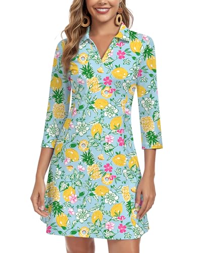 Image of WOWENY 3 /4 Sleeve Dress for Women with Pockets V Neck UPF 50+ Casual Sun Dress Breathable Quick Dry Beach Vacation