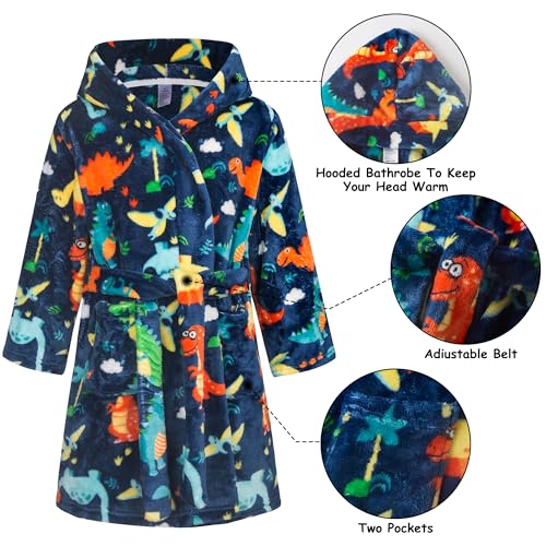 FILOWA Bademantel für Kinder Jungen Fleece Kinderbademantel mit Kapuze, Flanell Flauschig Morgenmantel Supersoft Kuschelig Blau Dinosaurier Lang Roben Weich Dressing Gown Warm Winter Pyjama,Gr.110-116