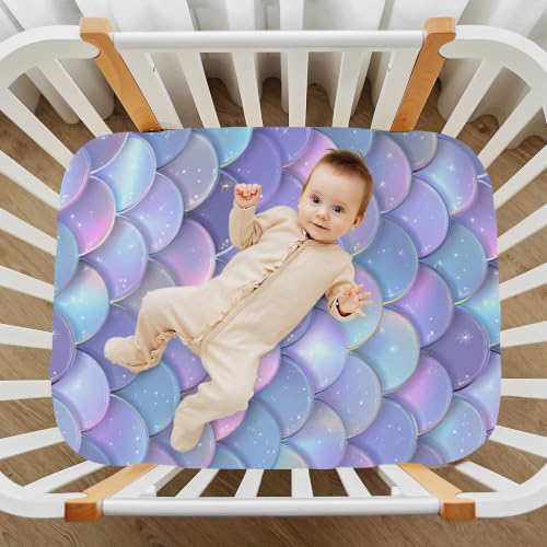 Image of Sea Mermaid Scales Crib Sheets Soft Breathable Fitted Baby Crib Sheets Mattress Cover for Girls Boys, 52 inch x 28 inch x 9 inch