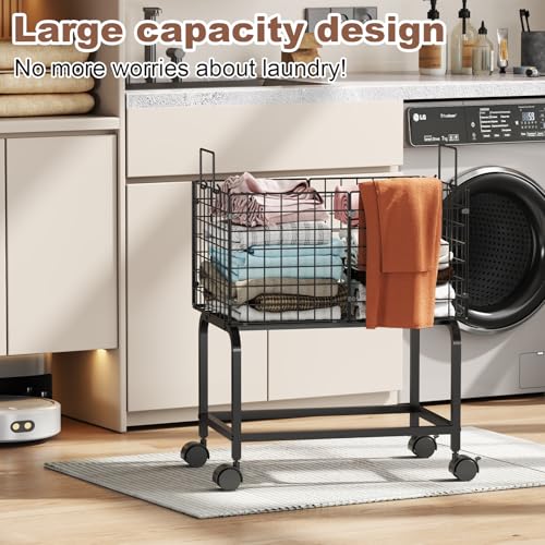 Image of Wire Laundry Hamper Cart,Rolling Laundry Carts with Pull Handle,Black Tall Laundry Basket,Commercial Wire Laundry Hamper Cart-23.6 * 15.75 * 28 inches