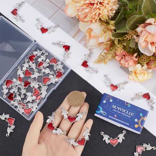SUNNYCLUE 1BOX 30PCS Silver Heart Wing Charms Bulk Gothic Connector Charms Antique Enamel Red Heart Devil Halloween Bat Wing Links Charm for Jewellery Making Charm DIY Earrings Bracelet Necklace - Image 3
