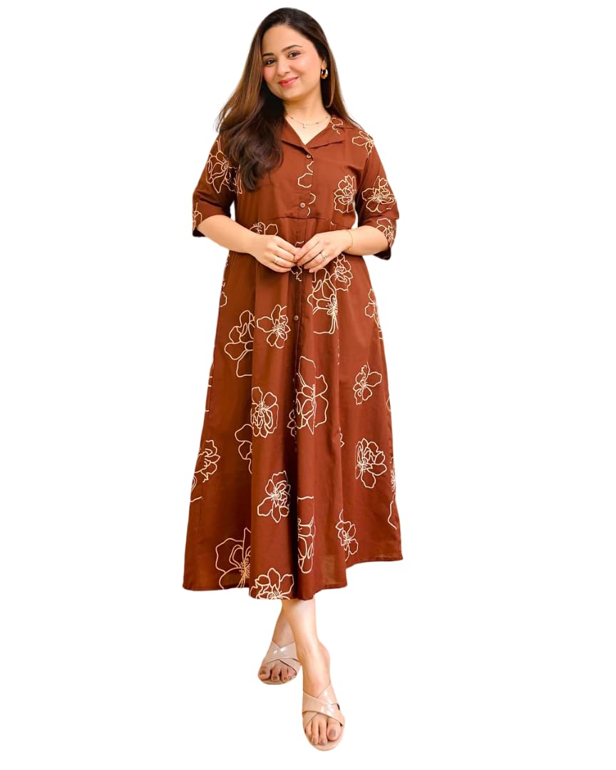 jd finishing Women's Brown Floral Print Midi Shirt Dress, Rayon, A-Line Fit, Half Sleeve, Collar Neck-picture-46
