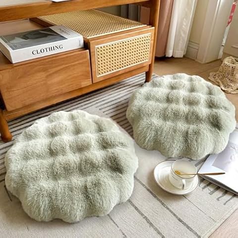 Gfobip 2 Pack of Floor Pillow for Adults Large Round Meditation Cushion with Thick Memory Foam Round Floor Cushion Soft Fake Fur Covers Pillow for Tatami Living Room Balcony Yoga,Green,15.7 Inch Cover