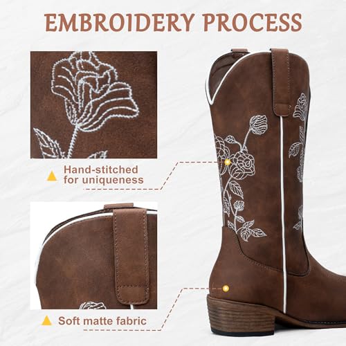 Jeossy Women's Cowboy Mid Calf Boots with Embroidery Flower, Low Heel Western Cowgirl 9807 Boots3