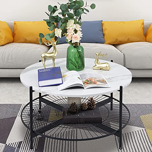 Image of NSdirect Round Coffee Table,2-Tier 36 inch Rustic Wooden Tabletop and Reinforced Crossbar with Open Storage Shelf Vintage Circle Cocktail Table with Metal Legs for Living Room,White