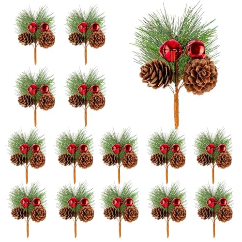 Lot de 30 pics de pin artificiels de Noël avec pommes de pin rouges et baies rouges, tiges rouges, feuillage, baies de houx, bouquets de houx pour loisirs créatifs, couronne de Noël