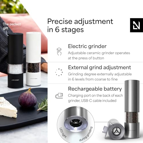 Image of LARS NYSOM Electric Salt and Pepper Grinder Set I Automatic Salt and Pepper Mills with Adjustable Ceramic Grinder I USB Rechargeable Electric Spice Mill Set with LED Light (Stainless Steel)