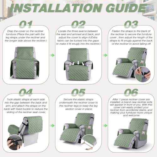 Image of TAOCOCO 100% Waterproof Recliner Chair Covers Reversible 22 inch, Sage Green | Recliner Protector with Leg Straps, Washable 1 Seat Reclining Chair Slipcover with Storage Pocket for Pets & Kids
