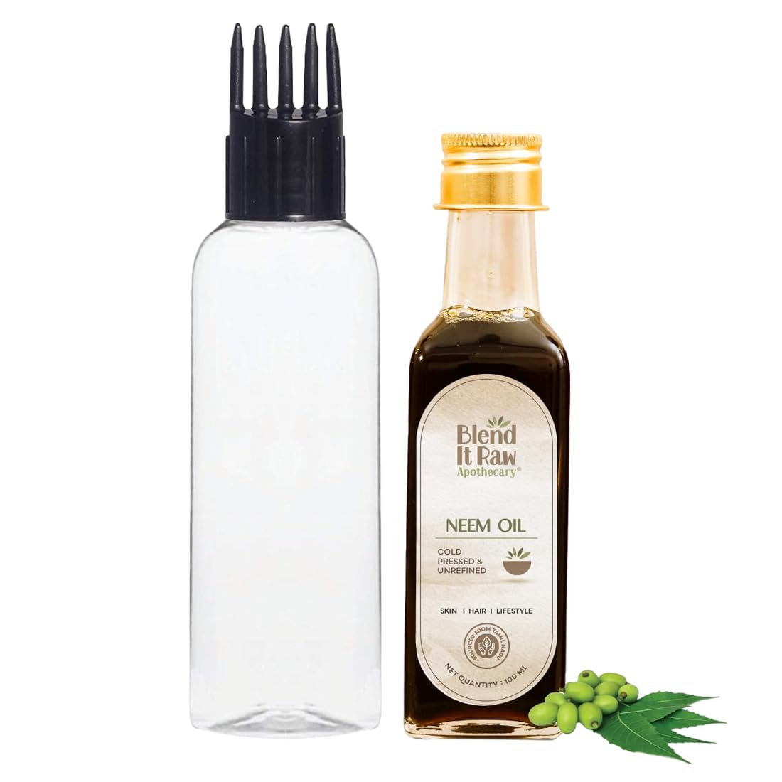 Blend It Raw Apothecary Neem Oil 100ml & Applicator Bottle with Comb Cap | Combo | Cold Pressed Neem Oil for Skin, Hair and Plants With Applicator Bottle for Applying Hair Oil, Shampoo and Medicine