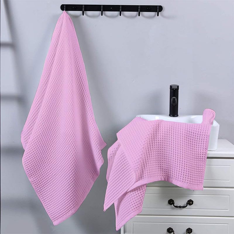 Image of Pure Cotton Waffle Towel | Lightweight | Anti Microbial and Water Absorbent | Soft Touch Quick Drying Hand Towels (Pink, Pack of 4)