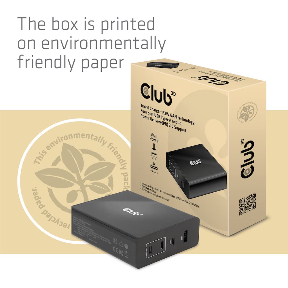 CLUB 3D CARGADOR 3XUSB TIPO C, 1XUSB A, PD 132W RETAIL