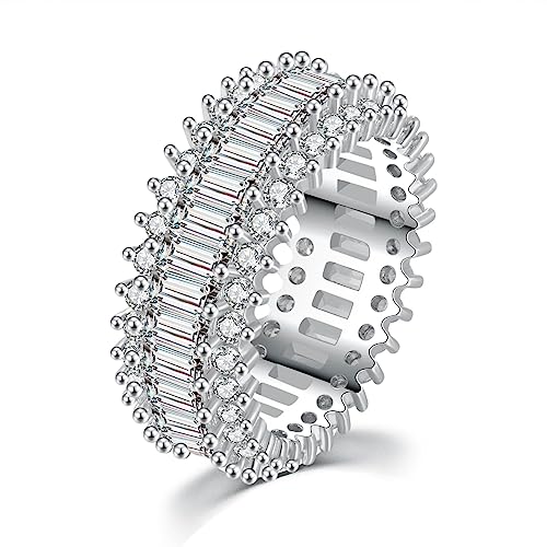 18K White Gold Plated Eternity Rings for Women Cubic Zirconia 7-Stone Wide Wedding Bands Round 3 Rows Promise Size 6-10