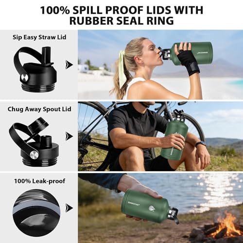 Image of Insulated Water Bottle 64 oz, Triple Wall Vacuum Stainless Steel Water Bottles (Cold for 48 Hrs), Leak Proof & Non-BPA, Half Gallon Water Flask Jug Wide Mouth Straw Lid & Spout Lid