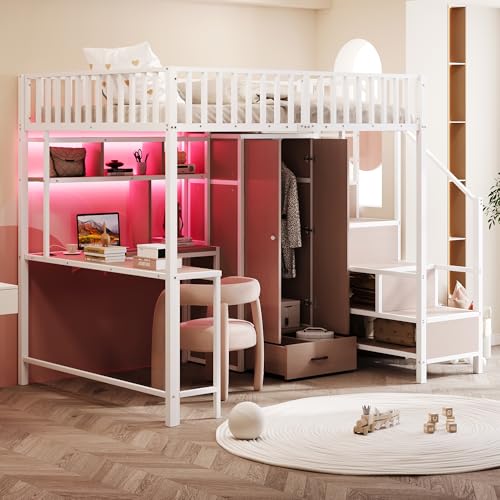 Lubvtti Letto a soppalco in metallo 140x200cm con luci LED e porta USB,Letto matrimoniale a soppalco con scrivania, ripiani, armadio e cassetti, con scale e corrimano, Bianco (Senza materasso)