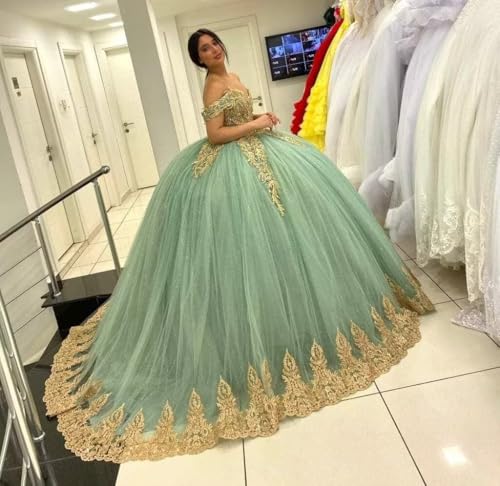 Women's Off Shoulder Quinceanera Dress Ball Gowns Long Formal Gold Applique Tulle Formal Evening Party Dresses3