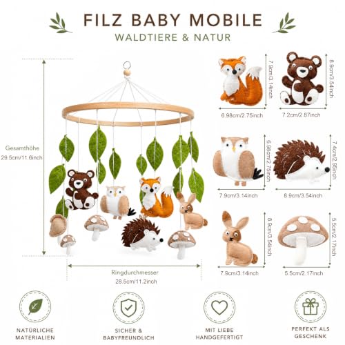 Baby Mobile Halterung Holz,Mobile Waldtiere, Tierchen Waldtiere Bettglocke aus Filz Babybett Bettglocke Anhänger Mobile Babyzimmer Deko… – Ansicht 2