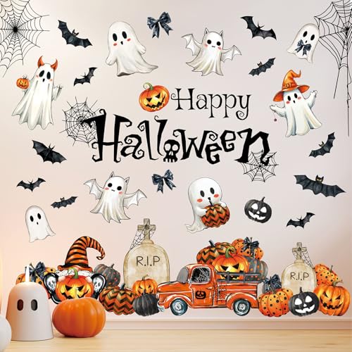 Whaline 9 Sheets Halloween Wall Stickers Spooky Ghost Pumpkin Bat Spider Web Wall Decal Orange-Black Room Mural Stickers for Home Party Decoration 7.9 x 11.8 Inch