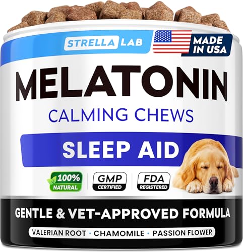 STRELLALAB Melatonin for Dogs to Sleep 6mg - Doggie Sleep Aid Treats - Sleeping Pills for Anxiety - Extra Strength Calming Chews Large & Medium Breed Help Sleep at Night - Made in USA - 60Ct