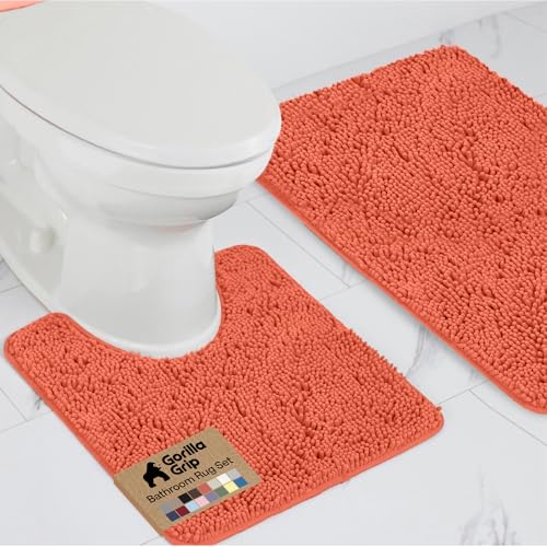 Image of GORILLA GRIP Bathroom Rug Sets, Soft Chenille 2 Piece Area Rugs Set, Toilet Base Mat and 30x20 Carpet, Absorbent Microfiber Washable Mats Dry Quickly, Home Decor and Bath Room Accessories, Coral