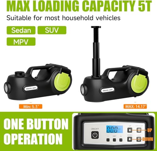 Image of E-HEELP Electric Car Jack Kit 5 ton 12V Hydraulic Car Jack Lift (Lifting Range: 5.3-14.17inches) with Impact Wrench Inflator Pump for Car SUV Sedan MPV, LCD Display and Tire Pressure Monitor