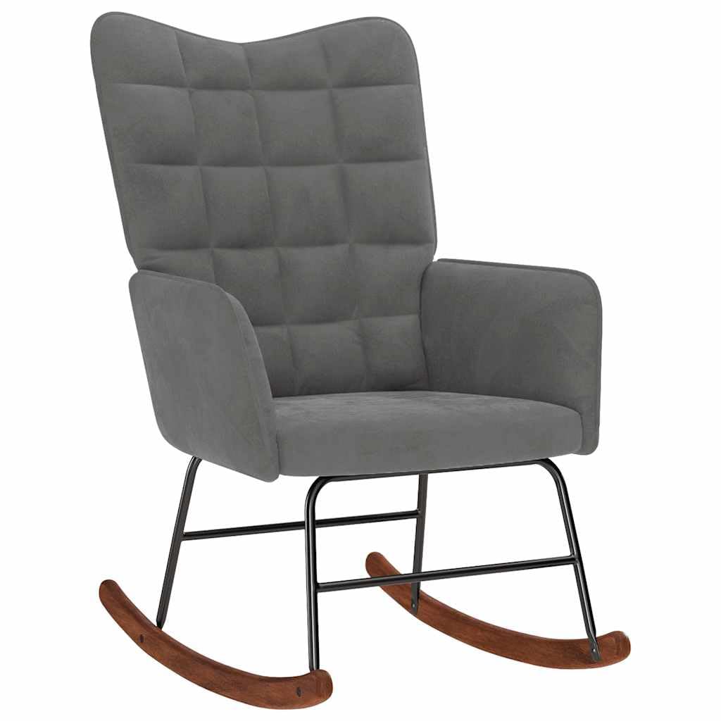 Mecedora con taburete de terciopelo gris oscuro, cómodo sillón con asiento y respaldo acolchados gruesos, marco estable de madera contrachapada y metal, patas de madera para un soporte seguro