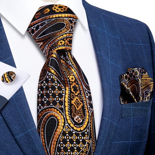 Image of DiBanGu Mens Paisley Tie Set Silk Woven Jacquard Necktie and Pocket Square Cufflinks Gift Set for Wedding Bussiness