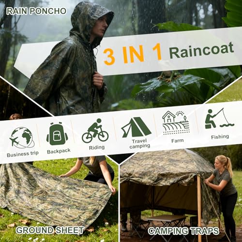 Infreecs Regenjacke Regenponcho Wasserdichter, 3 in 1 Zelt Campingdecke Regenjacken, Unisex Wiederverwendbar Regencape, Atmungsaktiver Regenmantel mit Kapuze für Picknick Jagd Camping Wandern