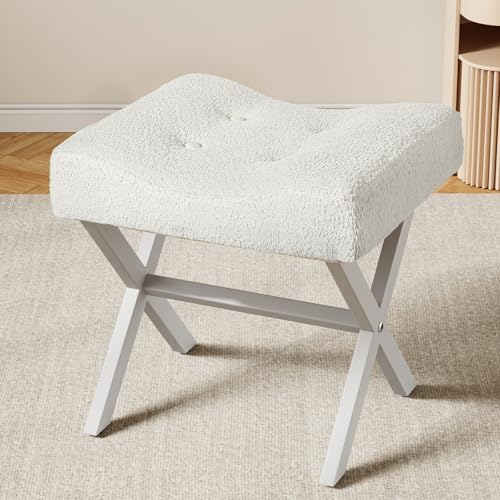 Image of Memobarco 18-Inch Large Vanity Stool Chair, Vanity Bench with Metal X-Legs, Ottoman Accent Stool with Breathable and Soft Boucle Fabric Saddle Seat, White