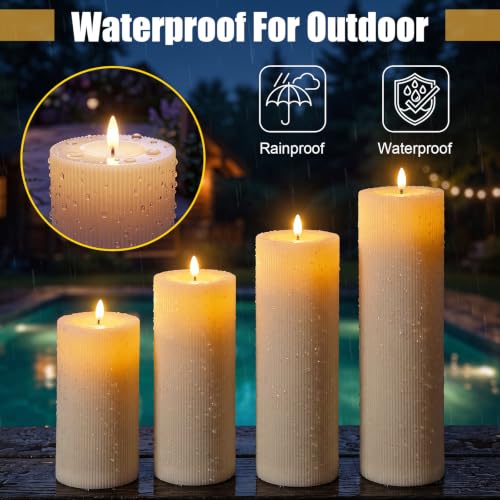 Image of Rossesay 8 inch 10 inch 12 inch 14 inch X 4 inch Large Waterproof Outdoor Flameless Candle, 4 Pcs LED Pillar Candle with Remote and Timer Battery Operated Jumbo Flickering for Halloween Xmas Church(Ivory White, Retro)