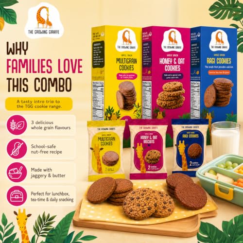 Image of The Growing Giraffe 3-Flavour Cookie Combo - Multigrain, Honey Oat with Cacao Nibs, Ragi, No Maida, No palm oil, Nut-Free, Healthy Biscuits with jaggery and butter for Kids & Grown-Up Adults - Pack of 3