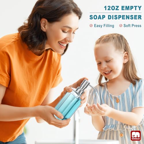 Image of GMISUN Glass Soap Dispenser with Stainless Steel Pump, Clear Hand Soap Dispenser for Bathroom, 12 fl oz /350ml Dish Dispensers for Kitchen, Modern Refillable Liquid Soap Lotion Bottle for Countertop